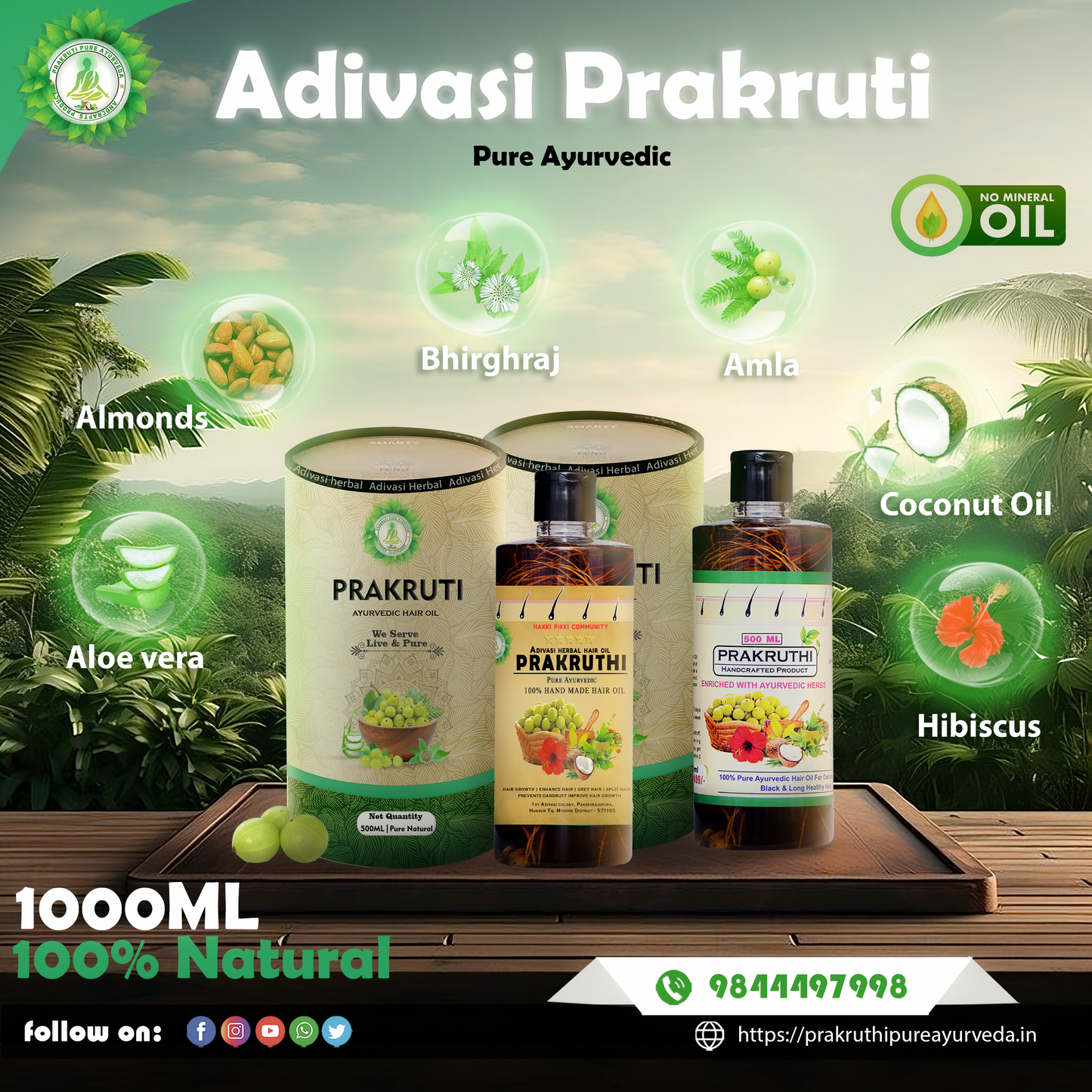 1000 ML Adivasi Prakruthi Pure Ayurveda hair oil